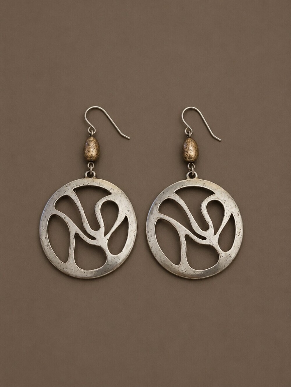 Vtg Silvertone Metal Cut-out Circle Wood Beaded Baddie Dangle Hook Earrings